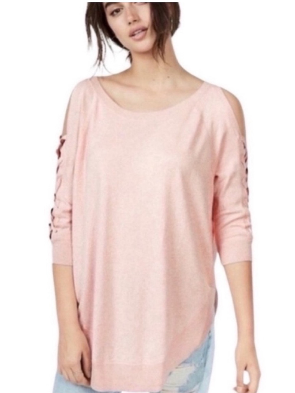 Express Light Pink 3/4 Criss Cross Sleeve Knit Sweater Size Small